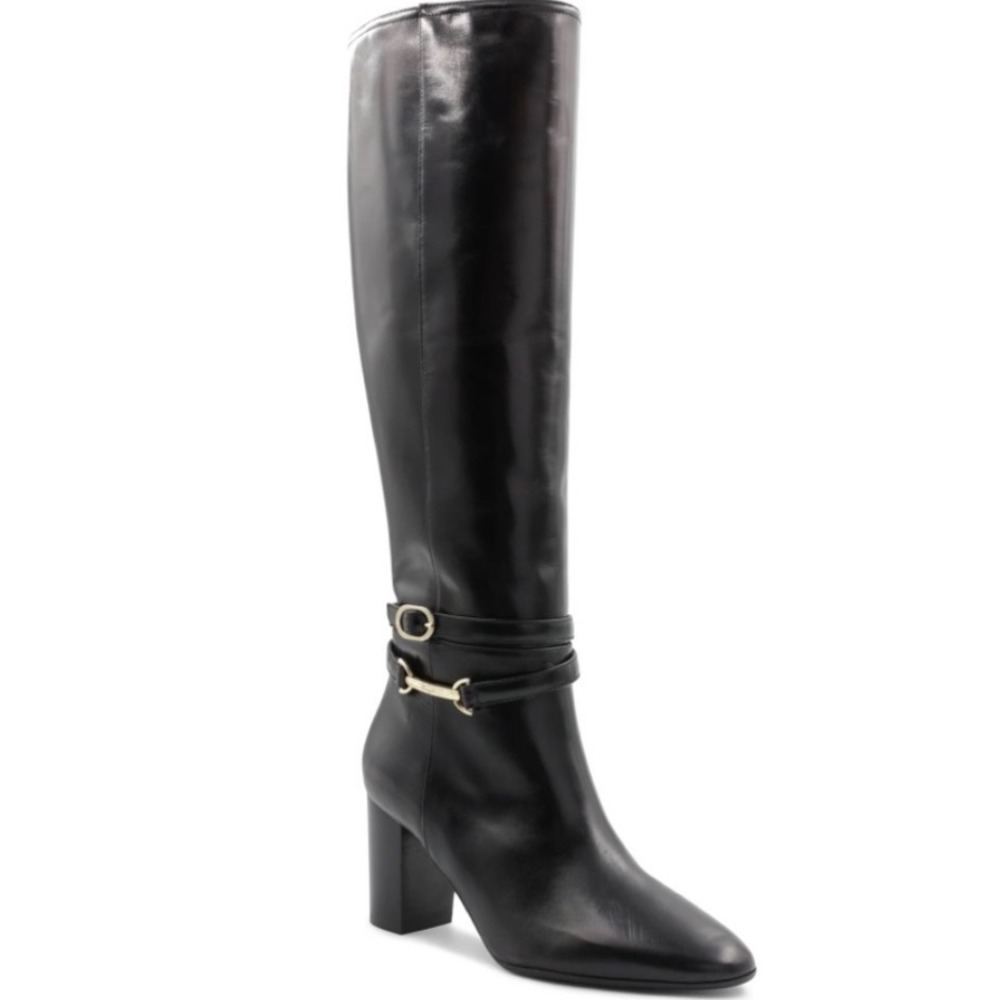 Bruno Magli Adriana Black Leather Tall Boots Gold Hardware Block Heel Italy 8.5